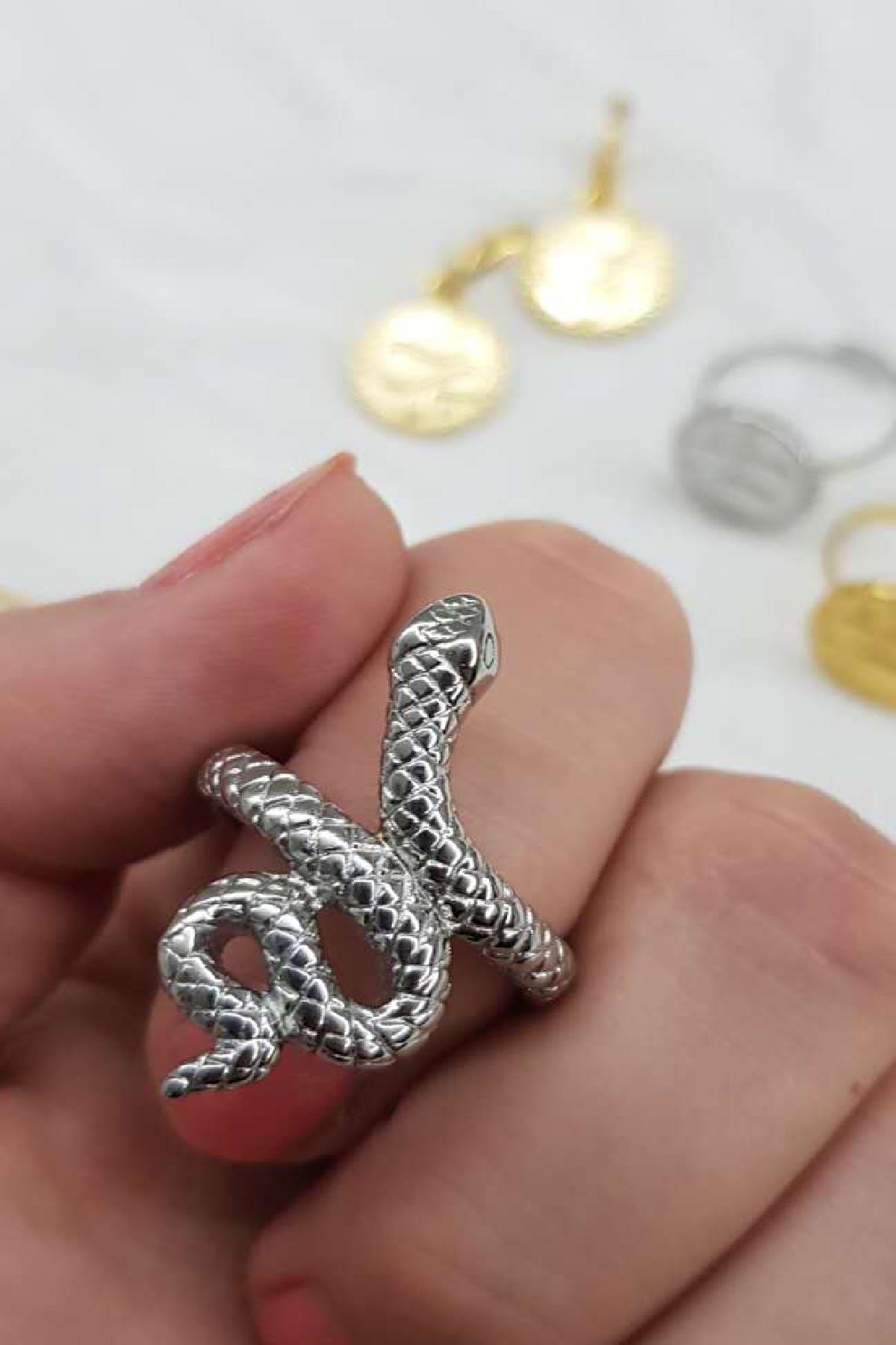 Stainless Steel Snake Shaped Ring - Silver - #16 h5 Picture2